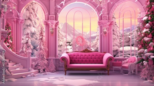 A fantastical pink christmas setting with a snowy view and an elegant vintage couch