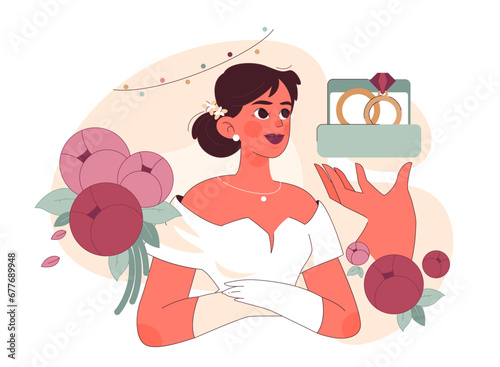 Bride concept. Radiant bride admiring wedding rings, with elegant flowers by her side, encapsulated by a pastel background. Precious moments. Flat vector illustration.