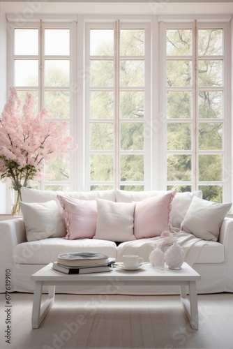 Cozy living room interior with plush sofa, pink cushions, and large windows offering a view of nature