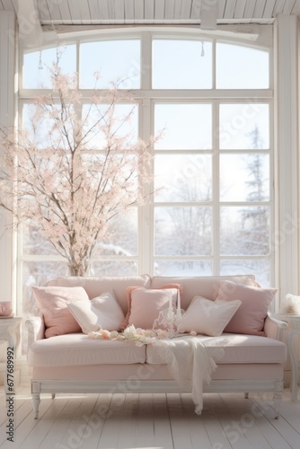 A sophisticated pink sofa adorned with delicate blossoming branches in a sunlit room offers tranquility and charm © Glittering Humanity