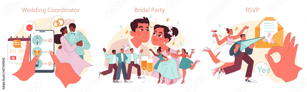 Wedding Events set. Bride and groom using wedding coordinator app, celebratory toast with friends, sending RSVP invitations. Moments of joy and planning. Flat vector illustration. Wedding Events set. Bride and groom using wedding coordinator app, celebratory toast with friends, sending RSVP invitations. Moments of joy and planning. Flat vector illustration.