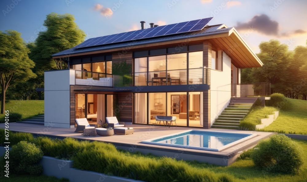 Modern eco-friendly single-family homes with  photovoltaic cells. Generative AI