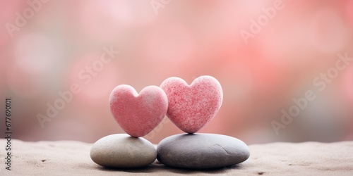 Love Amidst Stones - Form a picturesque concept for Valentine s Day with two hearts delicately placed on pink stones.