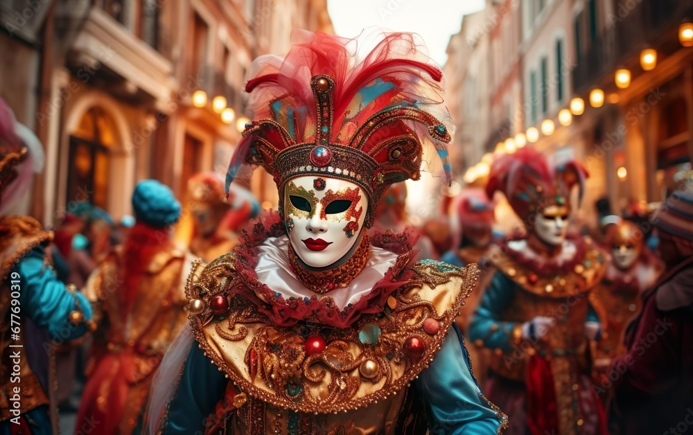 Happy Mardi Gras poster. People in carnival costumes and masks with feathers march in a parade on crowded European street. Venetian masquerade party banner. Face covering. AI Generative