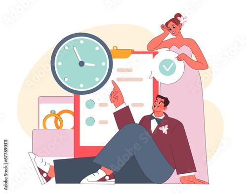 Wedding Planning concept. A joyous bride and groom collaborate on wedding arrangements, highlighting the essence of time and choices. From rings to checklists. Flat vector illustration.