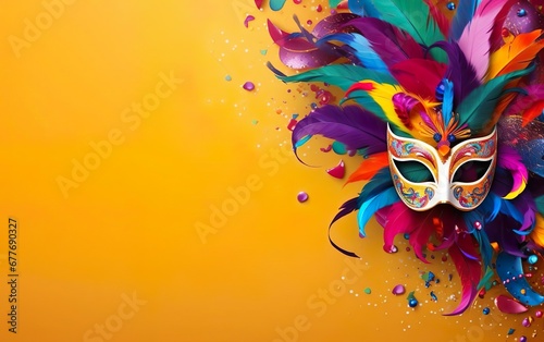 Happy Mardi Gras poster. Banner template with Venetian masquerade mask for women, confetti and feathers isolated on warm yellow background, copy space at the left. Costume party. AI Generative