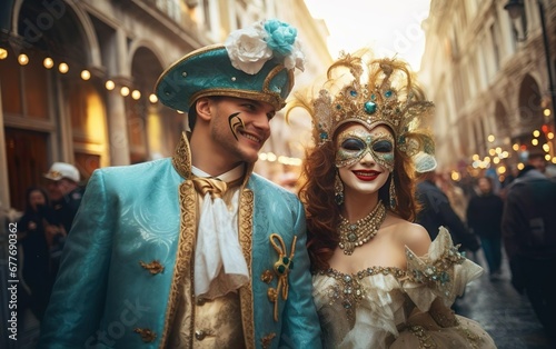 Mardi Gras poster. Happy couple in carnival costumes smiling and talking on European street. Venetian masquerade party outfit. Face art. AI Generative