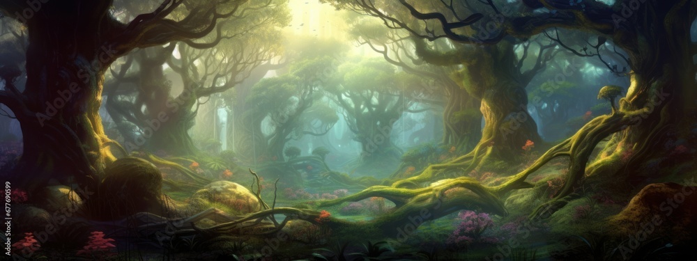 magical fantasy forest with giant trees, background banner, Generative AI