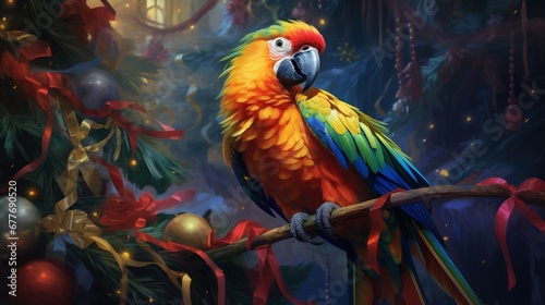 A colorful parrot playfully dances around a Christmas tree, its beak adorned with a shimmering ornament. © Fahad