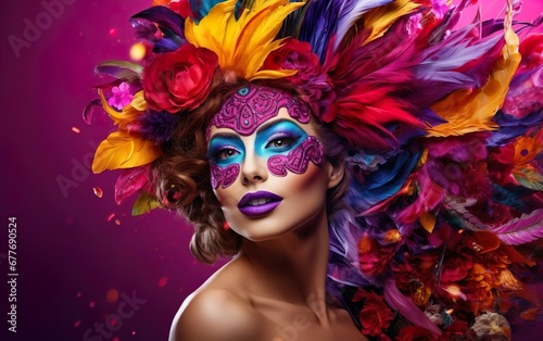 Happy Mardi Gras poster. A pretty woman in gorgeous Venetian masquerade mask with bright feathers on purple background. Costume party outfit for carnivals. Face covering, purple lips. AI Generative