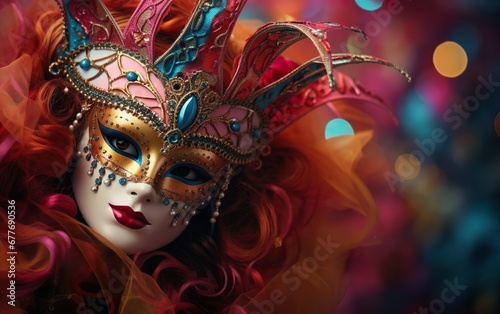 Happy Mardi Gras poster. A red hair woman in gorgeous Venetian masquerade mask. Costume party outfit for carnivals. Paper mache style face covering. Bokeh, de focus, blurred background. AI Generative