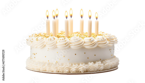 white birthday cake with candle isolated on transparent background cutout photo