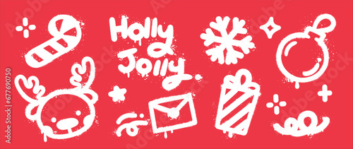 Set of Christmas elements. Snow spray paint vector. Graffiti, grunge elements of winter glove, sock, tree, present, star and cute doodle. Design illustration for decoration, card, sticker, wall decor.