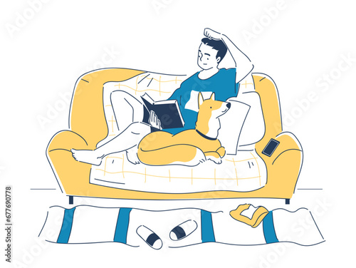 Ordinary day man doodle. Young guy with pet and book. Routine and leisure. Love for literature and reading. Poster or banner. Cartoon flat vector illustration isolated on white background