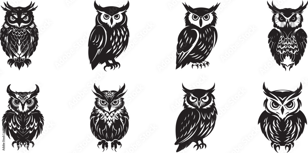 Fototapeta premium owl silhouettes, Owl vector silhouette illustration, owl silhouette logo icon vector, assorted cute owl bird mascot vector graphic design