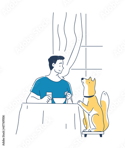 Ordinary day man doodle. Young guy sitting at table. Routine and leisure. Morning breakfast. Graphic element for website. Cartoon flat vector illustration isolated on white background