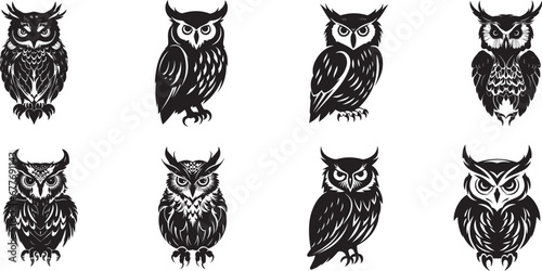 owl silhouettes, Owl vector silhouette illustration, owl silhouette logo icon vector, assorted cute owl bird mascot vector graphic design