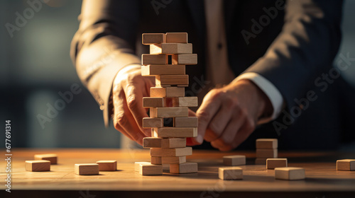 Strategic Ascent, Businessman Building Tower of Wooden Cubes in Conceptual Image