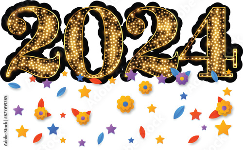 Happy new year 2024 design. With colorful truncated number illustrations. Premium vector design for poster, banner, greeting and new year 2024