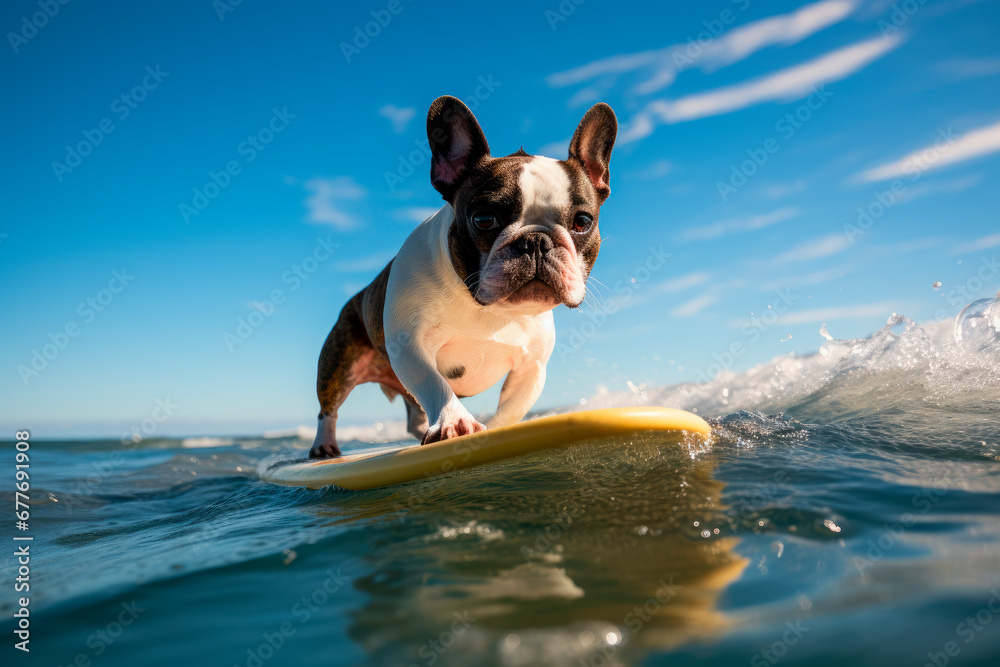 Adorable french bulldog surfing on a surfboard on gentle waves.