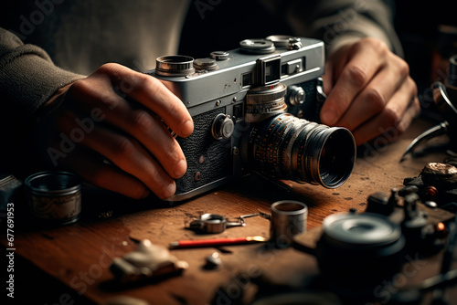 Man repair broken vintage film camera.
