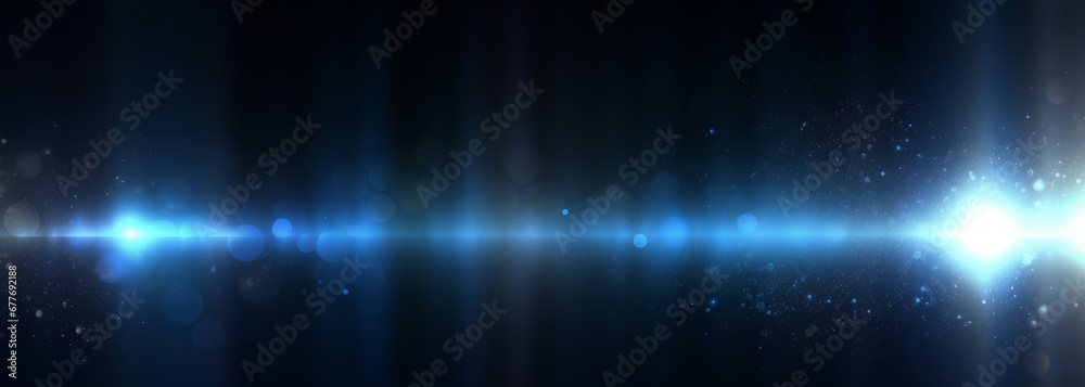 intense blue and mainly off screen lens flare overlay texture with bokeh effect with black background panorama banner, Generative AI