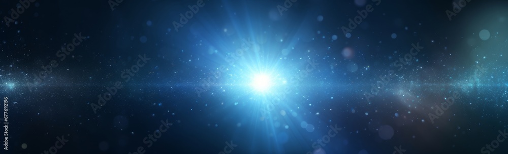 intense blue and mainly off screen lens flare overlay texture with bokeh effect with black background panorama banner, Generative AI - obrazy, fototapety, plakaty 