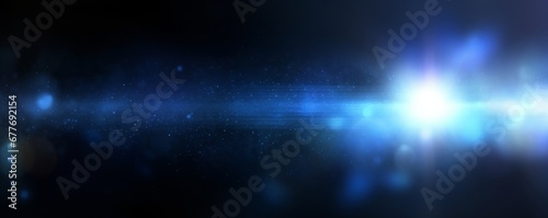 intense blue and mainly off screen lens flare overlay texture with bokeh effect with black background panorama banner, Generative AI photo