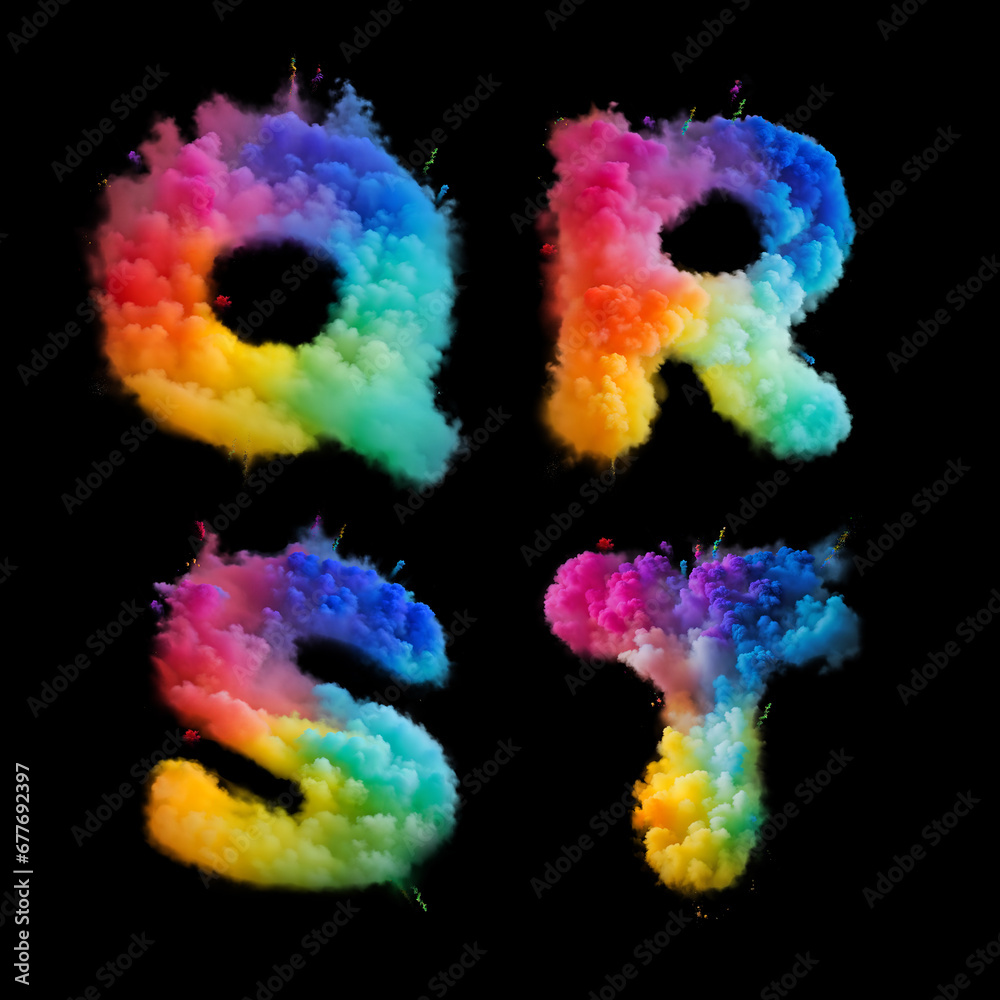 Raster font set with letters made of rainbow colors smoke powder. Abstract style alphabet made with Generative AI technology. Raster font set with letters made of rainbow colors smoke powder. Abstract style alphabet made with Generative AI technology.