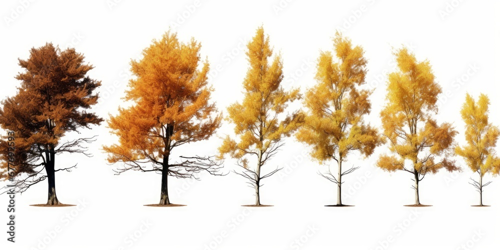 autumn trees with roots, collection of beautiful tree groups isolated on white background, Generative AI