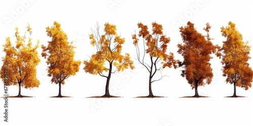 autumn trees with roots, collection of beautiful tree groups isolated on white background, Generative AI