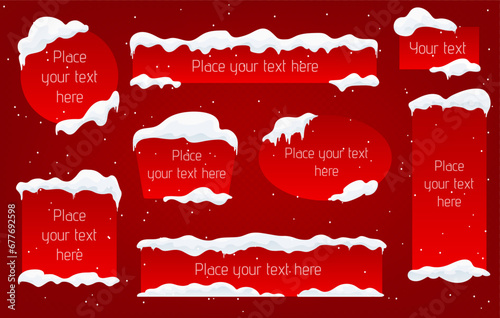 Snow ice cap red white banner set advertising design template flake snowfall winter signboard greetings card Christmas label collection vector illustration