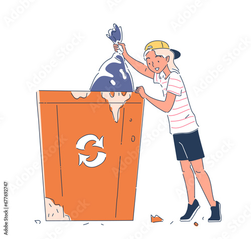 Person cleaning up garbage doodle. Care about ecology and nature, ecosystem. Girl with bag of trash near orange trashcan. Cartoon flat vector illustration isolated on white background
