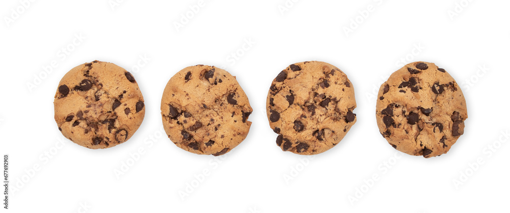 Top view of row of chocolate chip cookies isolated on cutout png background Top view of row of chocolate chip cookies isolated on cutout png background