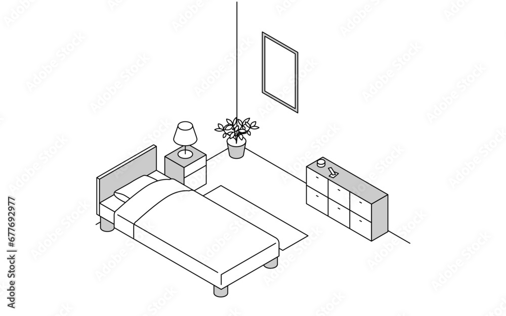 Finding a room for rent: bedroom, simple isometric with bed and bedside lighting Finding a room for rent: bedroom, simple isometric with bed and bedside lighting