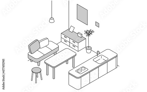 Room for rent: Dining room, simple isometric with island kitchen and dining table