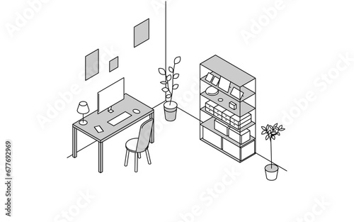 Room for rent: simple isometric of study, work desk and bookshelf
