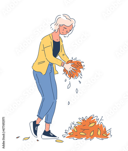 Person cleaning up garbage doodle. Care about ecology and nature, ecosystem. Template and layout. Woman with orange leaves. Cartoon flat vector illustration isolated on white background