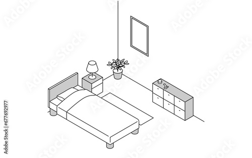 Finding a room for rent: bedroom, simple isometric with bed and bedside lighting