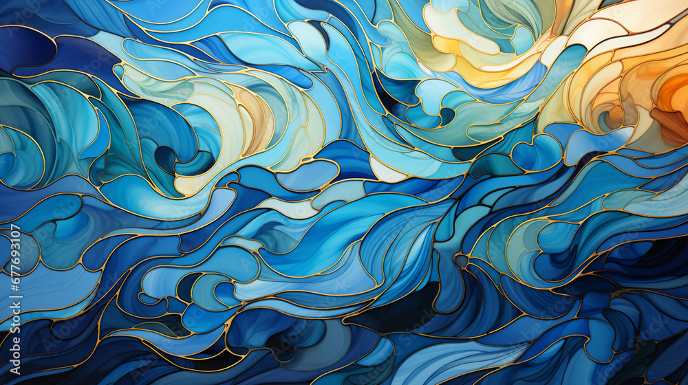 Fototapeta premium Shades of blue stained glass design for church. AI generative