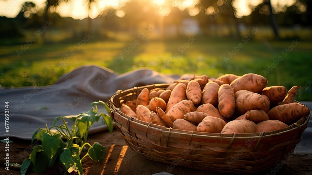 Basket with fresh potato placed on the ground Basket with fresh potato placed on the ground