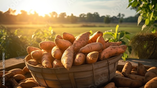 Basket with fresh potato placed on the ground