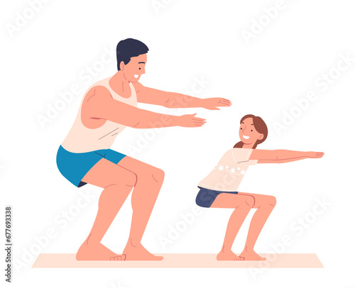 Family training together doodle. Father with daughter training. Active lifestyle, fitness and sport. Graphic element for website. Cartoon flat vector illustration isolated on white background