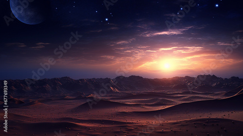 Desert Night Landscape with Celestial Stars and Sandy Dunes