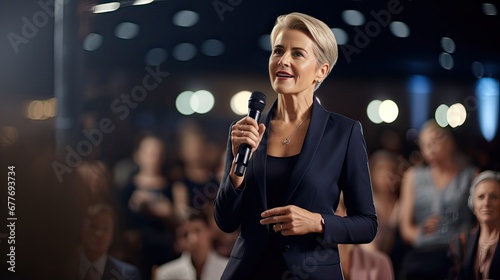 Portrait of a speaker on stage at event talk that has an audience watching