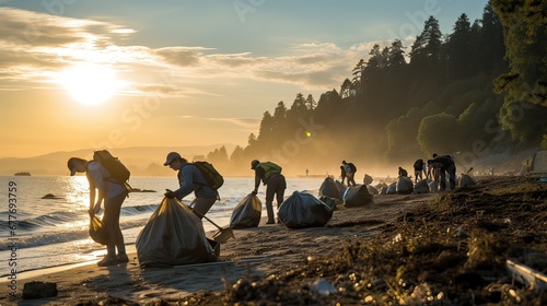 On a polluted beach, environmental volunteers gather to clean up the shoreline and protect the environment. Attributes include the dedicated volunteer photo