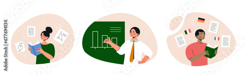 People study set. Education and training. Teacher near blackboard, students with textbooks. School and university. Poster or banner. Cartoon flat vector collection isolated on white background