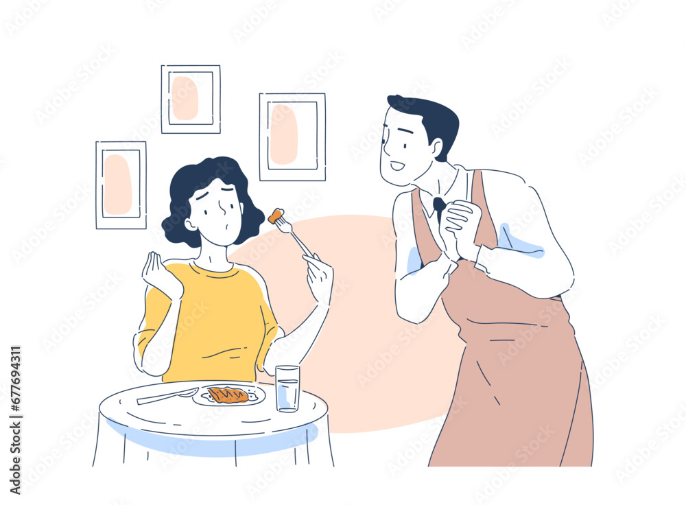 People with tasty food doodle. Man and woman with table. Waiter with client in cafe. Graphic element for website. Cartoon flat vector illustration isolated on white background People with tasty food doodle. Man and woman with table. Waiter with client in cafe. Graphic element for website. Cartoon flat vector illustration isolated on white background