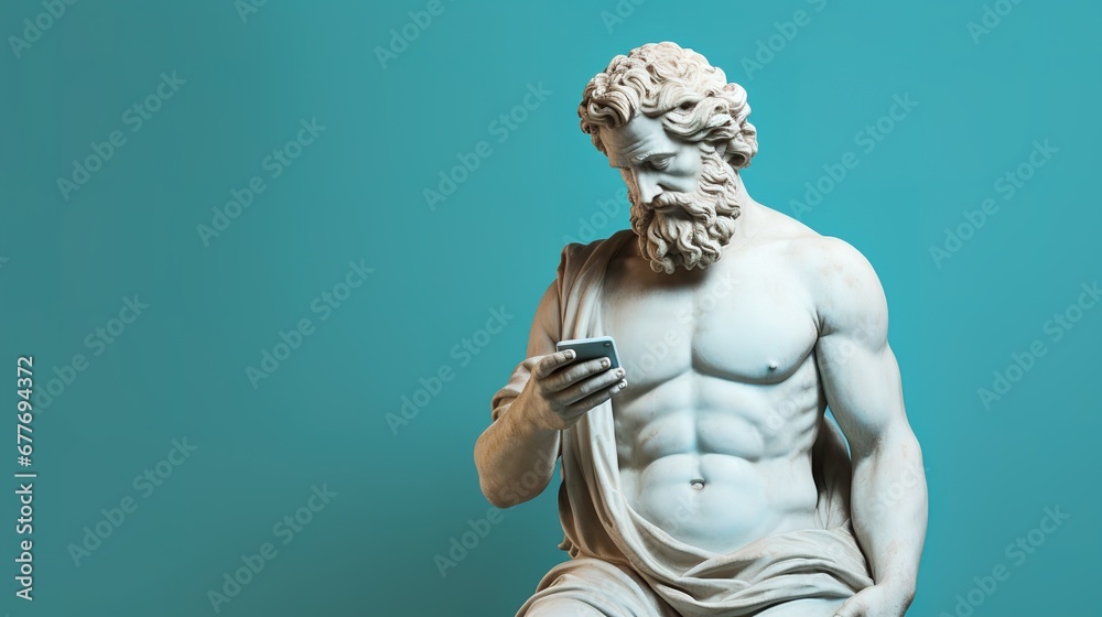 Ancient old Greek God statue, man using smartphone on pastel background - obrazy, fototapety, plakaty 