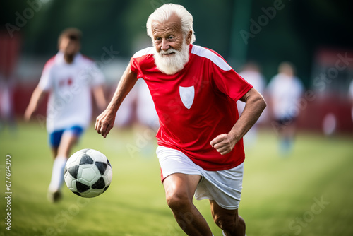 An old man football player playing on a grass field.